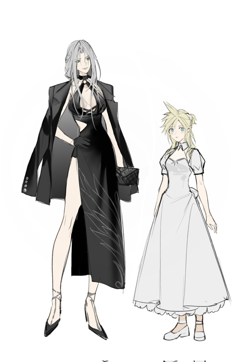 2girls alternate_universe bag black_dress black_jacket blonde_hair breasts cleavage clothing_cutout cloud_strife dress final_fantasy final_fantasy_vii frilled_dress frills genderswap genderswap_(mtf) grey_hair hair_ornament hair_scrunchie halter_dress halterneck handbag high_heels highres holding holding_bag jacket large_breasts long_hair long_sleeves mary_janes multiple_girls open_clothes puffy_short_sleeves puffy_sleeves scrunchie sephiroth shoes short_sleeves thigh_cutout white_background white_dress xianyu314