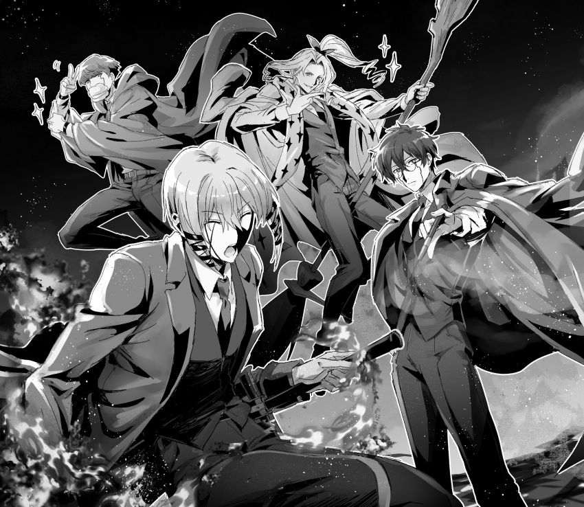 4boys black_hair black_robe broom broom_riding collared_shirt cream_puff facial_mark food glasses highres jacket kaldo_gehenna mash_burnedead mashle monochrome multiple_boys necktie open_mouth orter_madl robe round_eyewear ryoh_grantz shirt short_hair star_(sky) suit user_nrzu8258