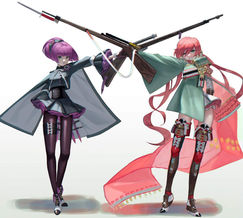 2girls aoi_wakashi_chiyo blunt_bangs blush cape carcano_m1891_(girls'_frontline) carcano_m91/38 carcano_m91/38_(girls'_frontline) corset expressionless frilled_skirt frilled_sleeves frills full_body girls'_frontline gloves green_eyes grin highres long_hair looking_at_viewer multiple_girls pantyhose pink_hair purple_hair ribbon short_hair skirt smile thigh_strap thighhighs very_long_hair wide_sleeves