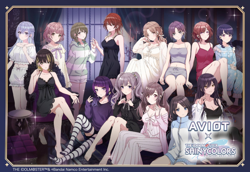 6+girls aketa_mikoto armchair asakura_toru bare_arms bare_legs bare_shoulders barefoot black_camisole black_hair black_nightgown blonde_hair blue_eyes blue_hair blue_pajamas blunt_bangs bow braid breasts brown_eyes brown_hair camisole candle chair cleavage closed_mouth collarbone cometik_(idolmaster) copyright_name crossed_bangs crossed_legs curtains diagonal_bangs dress_shirt expressionless frilled_nightgown fukumaru_koito gradient_hair grey_camisole grey_hair hair_between_eyes hair_down highres higuchi_madoka hood hoodie ichikawa_hinana idolmaster idolmaster_shiny_colors ikaruga_luca key_visual l'antica_(idolmaster) lace-trimmed_nightgown large_breasts light_brown_hair long_bangs long_hair long_sleeves looking_at_viewer medium_breasts medium_hair midriff mitsumine_yuika multicolored_eyes multicolored_hair multiple_girls nanakusa_nichika navel nightgown no_eyewear noctchill_(idolmaster) off_shoulder official_alternate_costume official_alternate_hairstyle official_art pajamas parted_bangs pink_nightgown promotional_art puffy_short_sleeves puffy_sleeves purple_eyes red_nightgown serious shhis_(idolmaster) shirase_sakuya shirt short_hair short_sleeves shorts sidelocks sitting sleepwear small_breasts smile spaghetti_strap sparkle standing straight_hair streaked_hair striped_clothes striped_thighhighs suzuki_hana swept_bangs tanaka_mamimi thighhighs tsukioka_kogane twin_braids twintails two-tone_hair wavy_hair white_nightgown white_shirt yukoku_kiriko