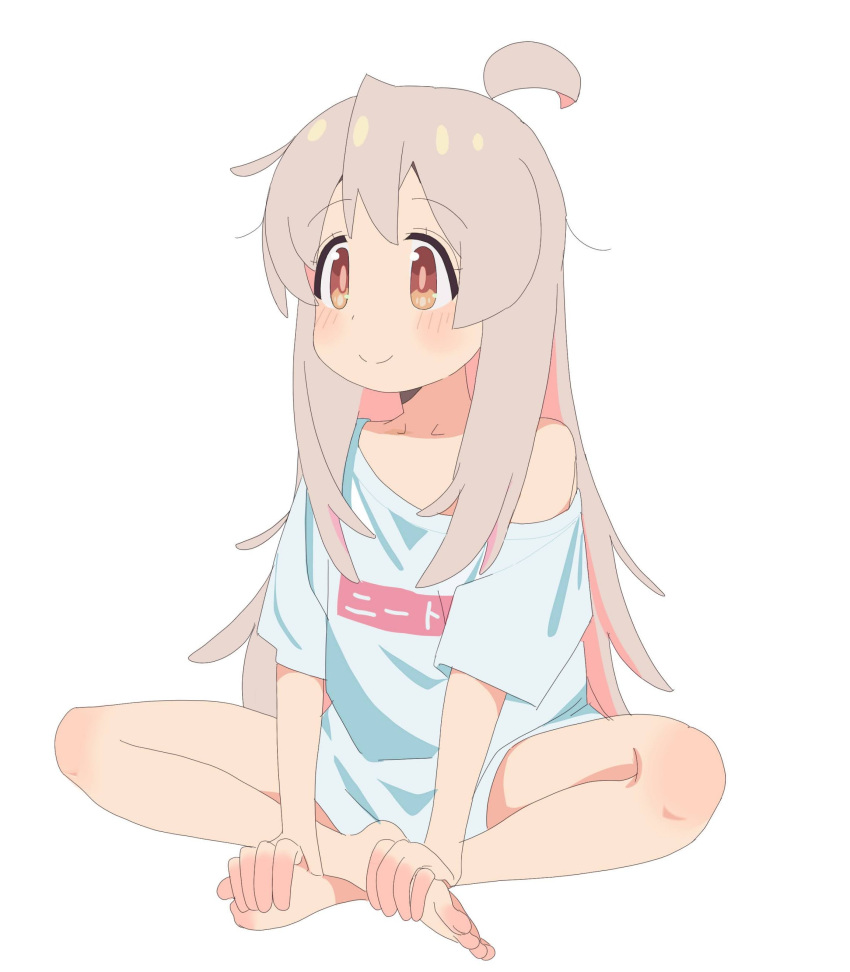 1girl absurdres ahoge bare_legs barefoot blush brown_hair clothes_writing collarbone colored_inner_hair feet grey_hair hair_between_eyes happy highres indian_style kosuda long_hair looking_to_the_side multicolored_hair naked_shirt no_pants off_shoulder onii-chan_wa_oshimai! oversized_clothes oversized_shirt oyama_mahiro pink_hair shirt short_sleeves simple_background sitting smile solo t-shirt toes white_background white_shirt