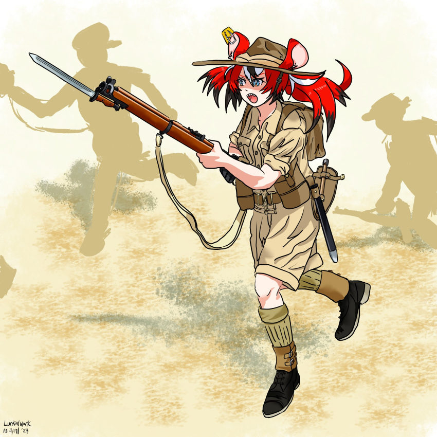 1girl animal_ears bayonet belt black_hair blue_eyes bolt_action boots brown_footwear dust_cloud english_commentary full_body gun hair_ornament hakos_baelz hat highres holding holding_gun holding_weapon hololive hololive_english lee-enfield long_hair long_sleeves lurkatwurk military military_uniform mouse_ears mouse_girl mousetrap multicolored_hair open_mouth pouch red_hair rifle running scabbard sharp_teeth sheath shirt shoes silhouette smle socks solo standing streaked_hair teeth twintails uniform virtual_youtuber weapon white_hair