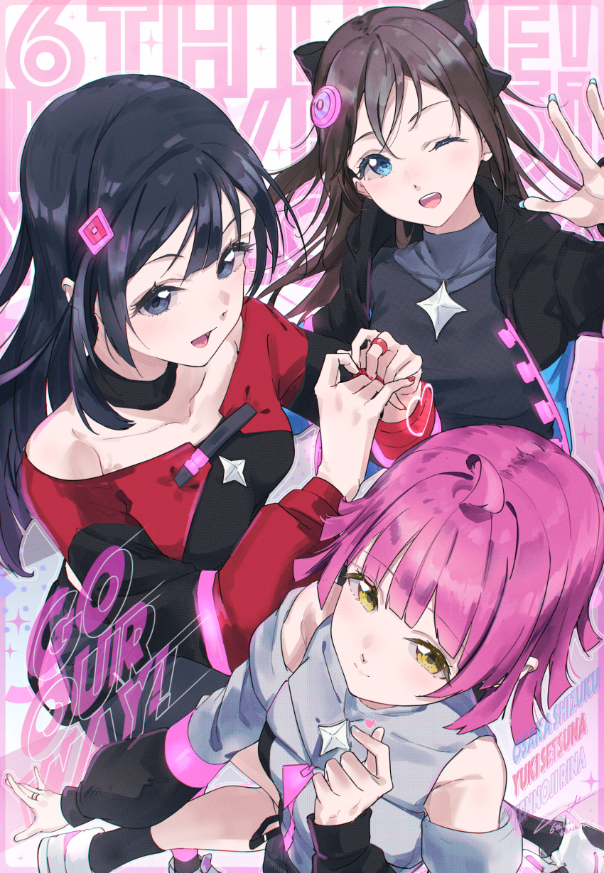 3girls :d ;d absurdres ahoge black_bow black_choker black_hair black_jacket blue_eyes blue_jacket blunt_bangs blunt_ends bow breasts brown_hair character_name choker collarbone commentary detached_sleeves diamond_hair_ornament double-parted_bangs finger_heart go_our_way! grey_eyes grey_shirt grey_sleeves hair_between_eyes hair_bow heart heart_hands highres jacket kuziaaizuk leaning_forward light_blush light_smile long_hair looking_at_viewer love_live! love_live!_nijigasaki_high_school_idol_club medium_breasts multiple_girls off-shoulder_shirt off_shoulder one_eye_closed one_side_up open_clothes open_jacket open_mouth osaka_shizuku pink_hair shirt short_hair sidelocks sleeveless sleeveless_shirt small_breasts smile song_name star_(symbol) teeth tennoji_rina tongue upper_teeth_only yellow_eyes yuki_setsuna_(love_live!) zipper