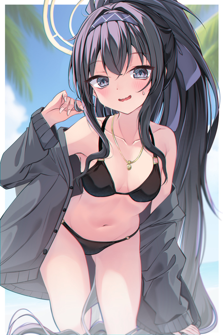 1girl absurdres bikini black_bikini black_headband black_jacket blue_archive blue_sky blush cloud gold_necklace halo headband highres jacket jewelry long_hair looking_at_viewer navel necklace official_alternate_costume open_mouth palm_leaf palm_tree paru_364364 purple_eyes purple_hair sidelocks sky smile solo swimsuit tree ui_(blue_archive) ui_(swimsuit)_(blue_archive) very_long_hair white_halo