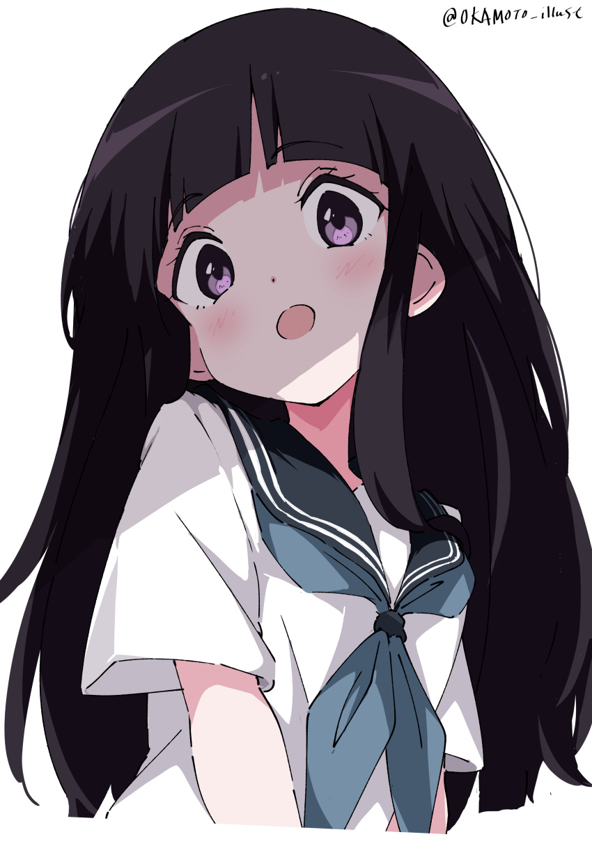 1girl absurdres blue_neckerchief blunt_bangs blush brown_hair chitanda_eru commentary cropped_torso grey_sailor_collar highres hyouka long_hair looking_at_viewer neckerchief open_mouth purple_eyes sailor_collar school_uniform shirt short_sleeves simple_background solo twitter_username upper_body very_long_hair white_background white_gorilla_(okamoto) white_shirt