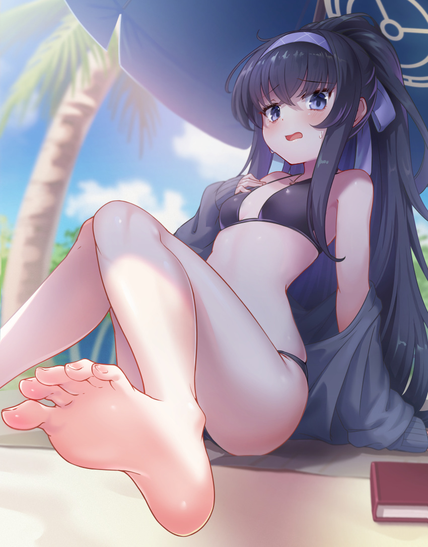 1girl absurdres barefoot beach_umbrella bikini black_bikini black_cardigan black_eyes black_hair black_headband blue_archive blue_sky blush book breasts cardigan cloud halo headband highres long_hair official_alternate_costume open_mouth palm_leaf palm_tree ponytail sand shinori_(efvbji6264) sky small_breasts soles solo swimsuit tree ui_(blue_archive) ui_(swimsuit)_(blue_archive) umbrella very_long_hair yellow_halo