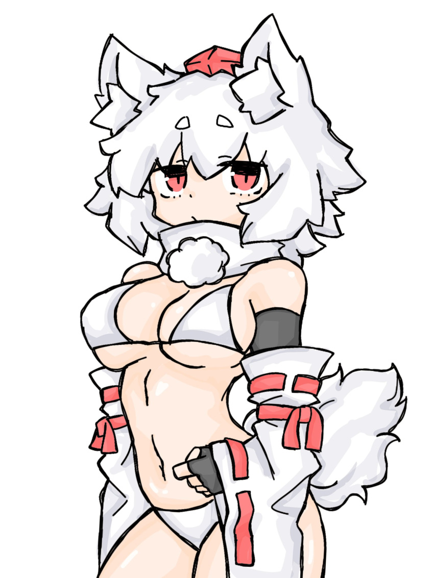 1girl animal_ear_fluff animal_ears bikini breasts closed_mouth fumomono hat highres inubashiri_momiji looking_at_viewer medium_breasts navel red_eyes ribbon-trimmed_sleeves ribbon_trim short_hair solo stomach string_bikini swimsuit tail tokin_hat touhou white_background white_bikini white_hair white_sleeves wide_sleeves wolf_ears wolf_girl wolf_tail