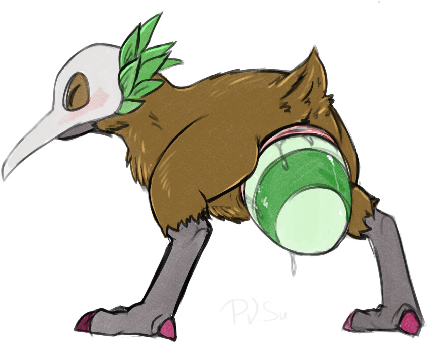 animal_genitalia animal_mask avian avian_butt bandai_namco beak beak_mask bird bodily_fluids brown_body brown_feathers claws cloaca digimon digimon_(species) egg feathers feet female feral genital_fluids genitals hi_res kiwi_(bird) kiwimon mask oviposition p.v.su ratite solo talons toes