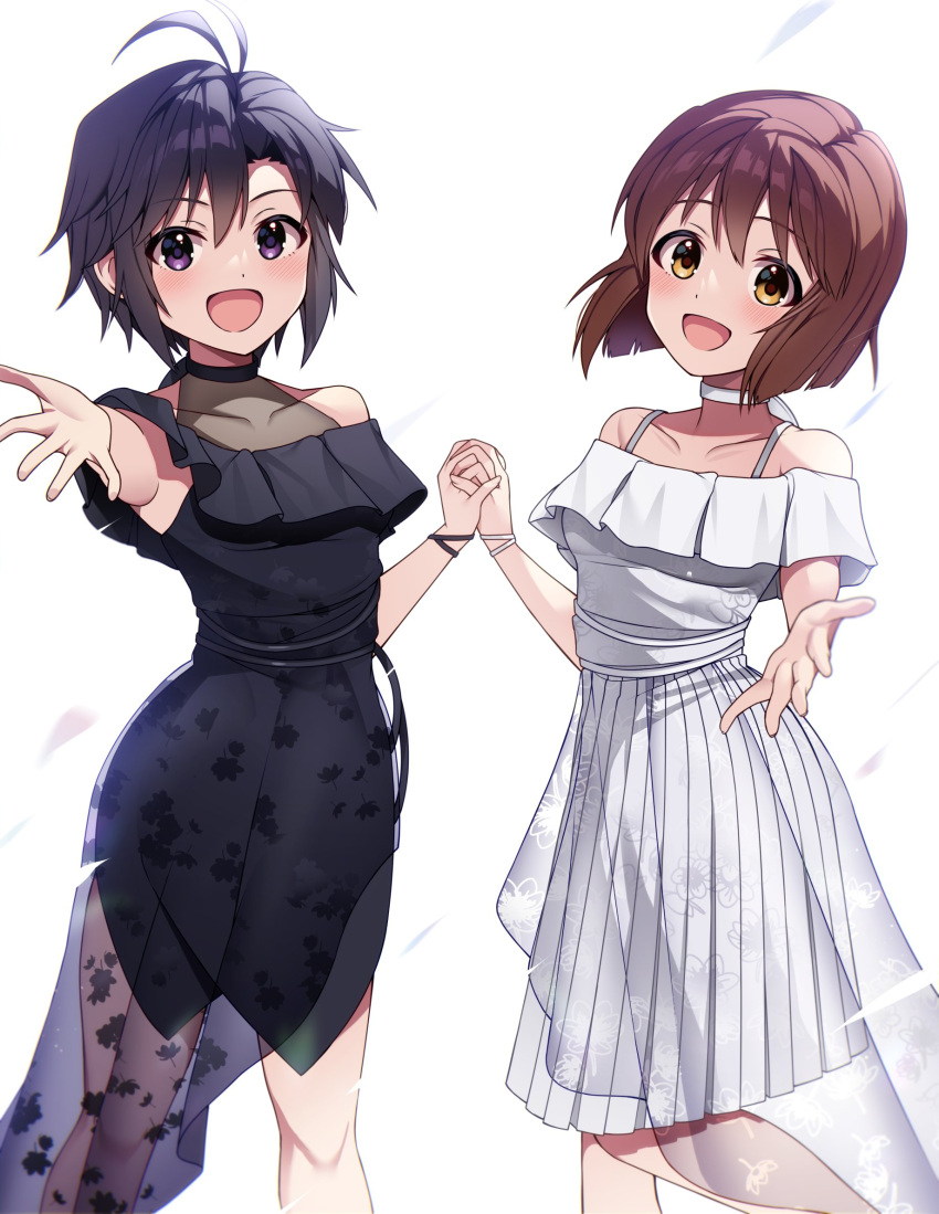 2girls :d antenna_hair bare_shoulders black_dress black_hair blunt_ends blush bob_cut bracelet breasts brown_eyes brown_hair choker collarbone commentary dress falling_petals feet_out_of_frame hagiwara_yukiho hair_between_eyes halter_dress halterneck highres holding_hands idolmaster idolmaster_(classic) jewelry kikuchi_makoto looking_at_viewer multiple_girls off-shoulder_dress off_shoulder open_mouth petals pink_petals pleated_dress raimone26 reaching reaching_towards_viewer see-through see-through_dress short_hair side-by-side simple_background small_breasts smile spread_fingers standing white_background white_choker white_dress