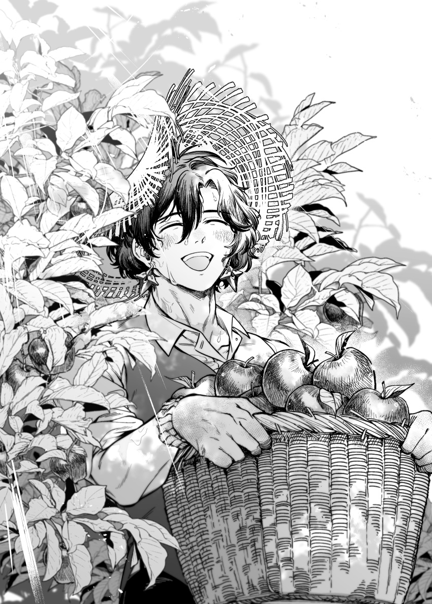 1boy absurdres apple basket bush closed_eyes collarbone collared_shirt constantine_xi_(fate) dirty dirty_face earrings fate/grand_order fate_(series) food fruit gloves greyscale happy hat highres holding holding_basket jewelry male_focus monochrome open_mouth shirt shooou_0104 short_hair solo straw_hat sweatdrop upper_body vest