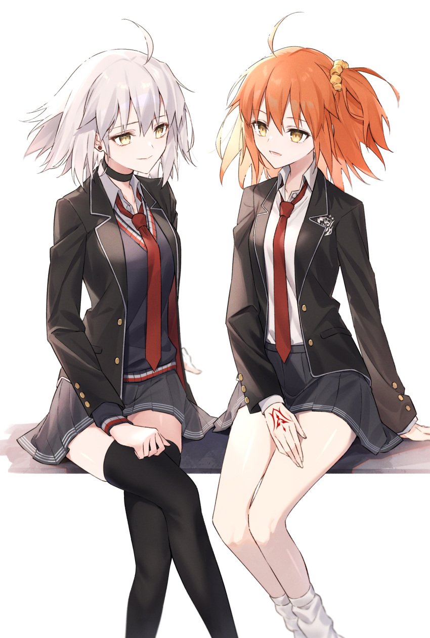 2girls ahoge black_choker black_jacket black_skirt black_thighhighs blue_cardigan buttons cardigan choker closed_mouth collared_shirt command_spell commentary_request crossed_arms fate/grand_order fate_(series) fujimaru_ritsuka_(female) grey_hair hair_between_eyes hair_ornament hair_scrunchie highres jacket jeanne_d'arc_alter_(fate) long_sleeves looking_at_another multiple_girls necktie official_alternate_costume open_clothes open_jacket open_mouth orange_hair pleated_skirt pttyr red_necktie school_uniform scrunchie shirt short_hair simple_background sitting skirt smile socks thighhighs uniform white_background white_shirt white_socks yellow_eyes yellow_scrunchie