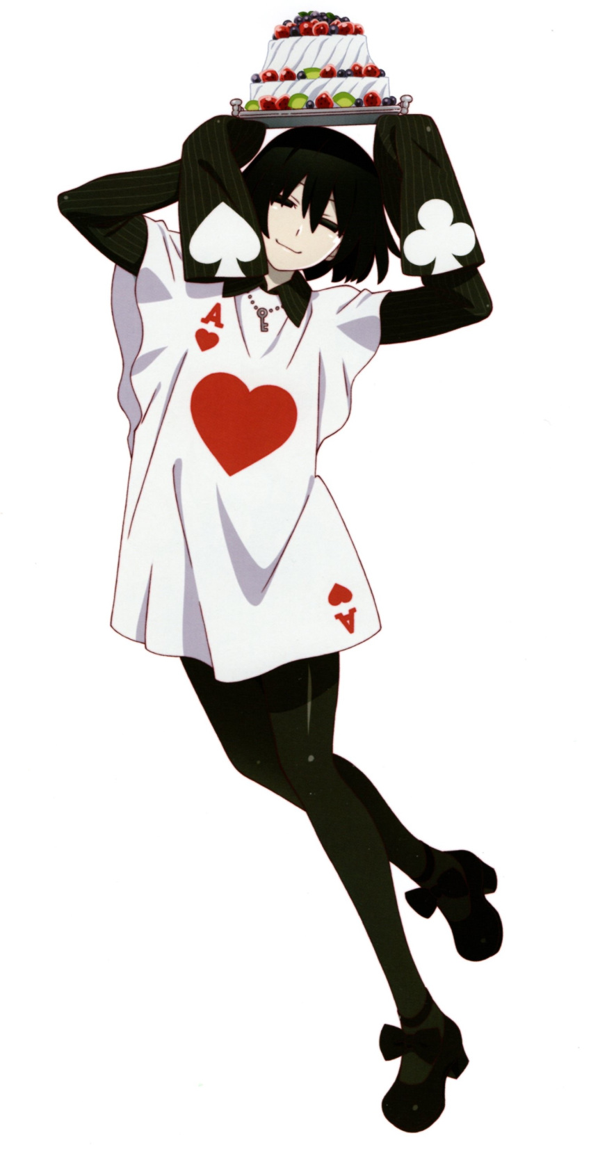 1girl :3 absurdres ace_(playing_card) arms_up black_bow black_eyes black_footwear black_hair black_undershirt bob_cut bow cake card carrying_overhead closed_mouth club_(shape) collared_shirt costume food foot_up footwear_bow full_body head_tilt heart high_heels highres holding holding_cake holding_food holding_tray jewelry key monogatari_(series) narrowed_eyes necklace non-web_source official_art oshino_ougi pale_skin pantyhose playing_card playing_card_theme poncho pumps scan shirt short_hair simple_background sleeves_past_fingers sleeves_past_wrists smile smug solo spade_(shape) tray very_long_sleeves watanabe_akio white_background white_poncho