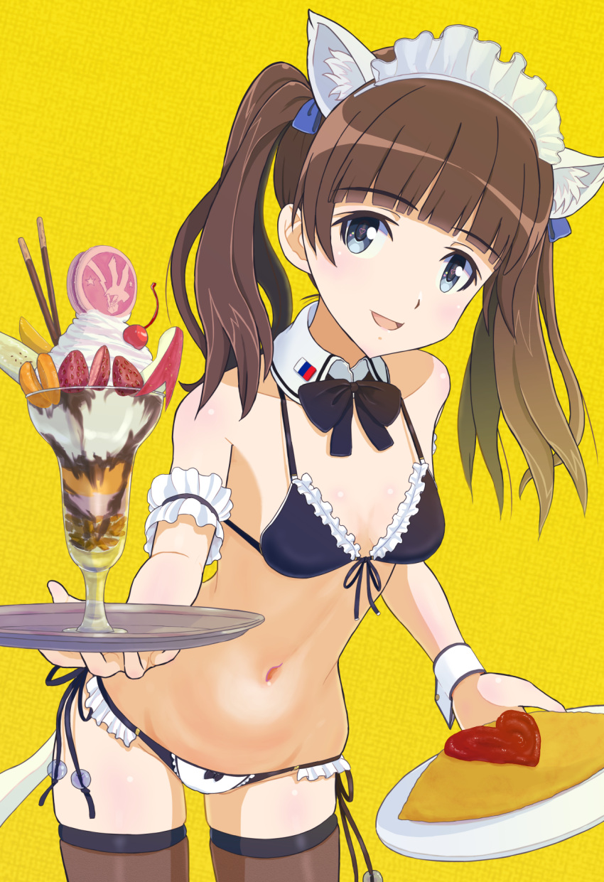 1girl alternate_costume animal_ears bikini black_bikini black_bow black_bowtie blue_eyes blush bow bowtie brave_witches breasts brown_hair brown_thighhighs cat_ears cat_girl cat_tail enmaided food french_flag frilled_bikini frills georgette_lemare hair_ribbon highres ice_cream keicha_(kmoekaki) long_hair looking_at_viewer maid maid_bikini maid_headdress navel open_mouth ribbon simple_background small_breasts smile solo swimsuit tail thighhighs thong_bikini twintails unconventional_maid world_witches_series yellow_background