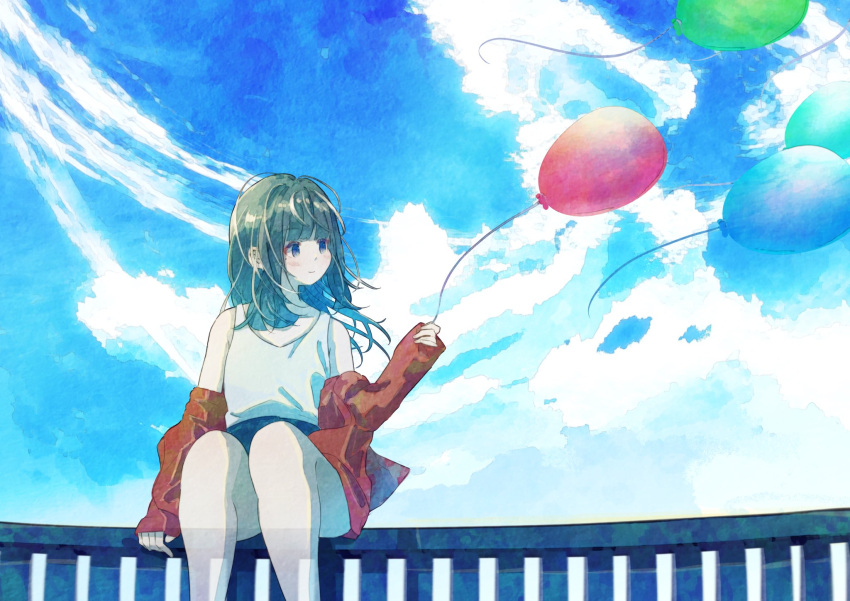 1girl balloon bare_shoulders black_shorts blue_sky blunt_bangs blush closed_mouth cloud cloudy_sky day feet_out_of_frame floating grey_eyes grey_hair hand_up highres holding holding_balloon jacket kumagaya_nono legs_apart long_hair long_sleeves looking_to_the_side off_shoulder on_railing open_clothes open_jacket original outdoors pale_skin railing red_jacket shirt shorts sidelocks sky sleeveless sleeveless_shirt sleeves_past_wrists smile solo tank_top white_tank_top