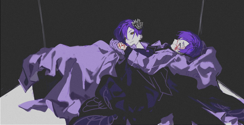 2boys black_coat black_pants closed_eyes closed_mouth coat dual_persona e.g.o_(project_moon) gabriel_(project_moon) highres kyohee83 lab_coat library_of_ruina lobotomy_corporation looking_at_viewer lying multiple_boys on_back pants project_moon purple_hair white_coat yellow_eyes yesod_(project_moon)