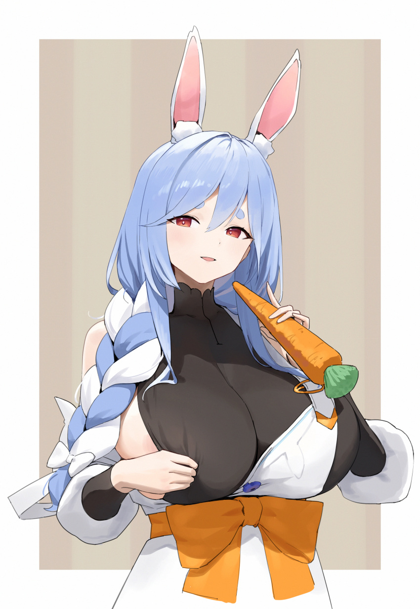 1girl absurdres animal_ear_fluff animal_ears apron areola_slip black_bodysuit blue_hair bodysuit border bow braid braided_ponytail breasts brown_background carrot commentary english_commentary hair_between_eyes hair_bow hair_over_shoulder highres holding holding_carrot hololive large_breasts long_hair looking_at_viewer mature_female multicolored_hair orange_eyes outside_border parted_lips pekomama rabbit_ears rabbit_girl short_eyebrows siu_hing5262 solo thick_eyebrows two-tone_hair upper_body virtual_youtuber white_apron white_border white_bow white_hair