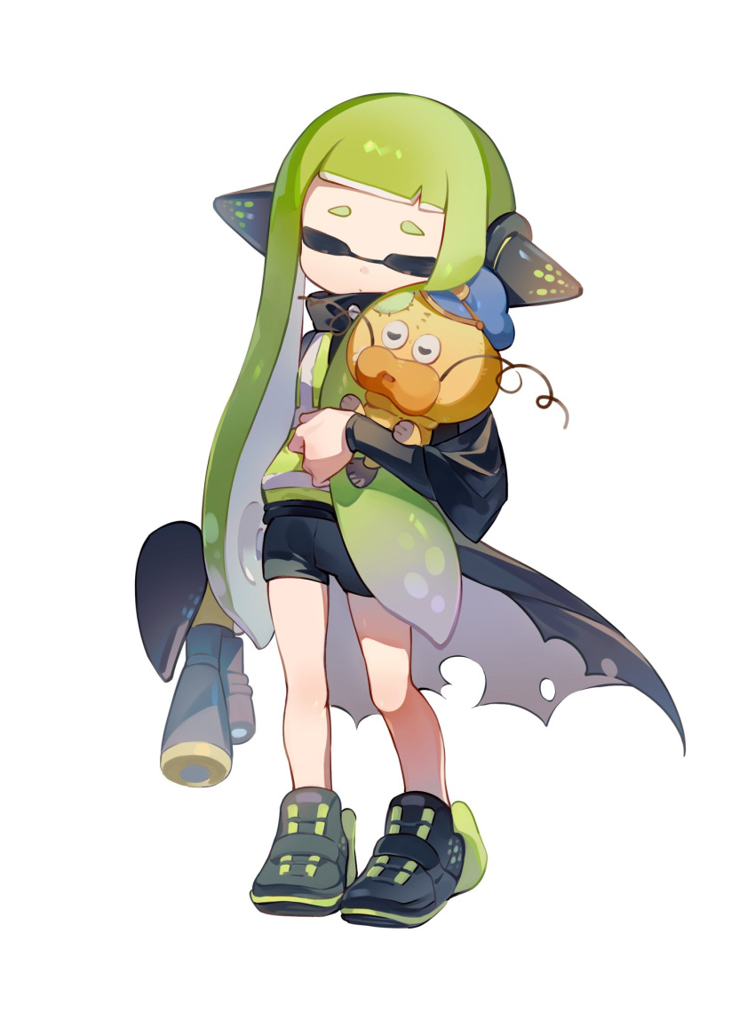 1girl agent_3_(splatoon) black_cape black_footwear black_shirt black_shorts blunt_bangs cape chinese_commentary closed_eyes closed_mouth commentary_request full_body green_hair headphones hero_shot_(splatoon) high-visibility_vest highres holding holding_stuffed_toy holding_weapon inkling inkling_girl inkling_player_character kakakamiwed long_hair long_sleeves shirt short_eyebrows shorts simple_background sleeping sleeping_upright solo splatoon_(series) splatoon_1 standing stuffed_animal stuffed_fish stuffed_toy suction_cups tentacle_hair torn_cape torn_clothes very_long_hair weapon white_background zapfish