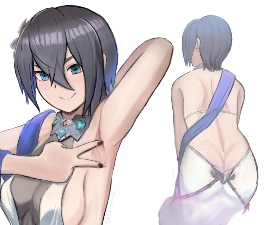 1girl armpit_focus armpits ass back_focus backless_dress backless_outfit bangs bare_arms bare_shoulders blue_eyes blue_gemstone blue_scarf blush breasts butt_crack cellix center_opening dimples_of_venus dress flower from_behind gem girls'_frontline grey_hair hair_between_eyes hair_flower hair_ornament hand_on_back highres leaning_forward looking_at_viewer median_furrow medium_breasts p22_(girls'_frontline) p22_(waltz_of_fantasy)_(girls'_frontline) presenting presenting_armpit scarf shoulder_blades sideboob smile solo spread_armpit standing v-shaped_eyebrows white_dress