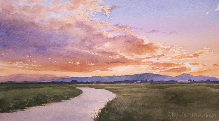 cloud cloudy_sky day grass grasslands highres horizon mountain mountainous_horizon no_humans orange_sky original painting_(medium) river riverbank scenery sky sunlight sunset toyonaga_ryouhei traditional_media watercolor_(medium) watermark