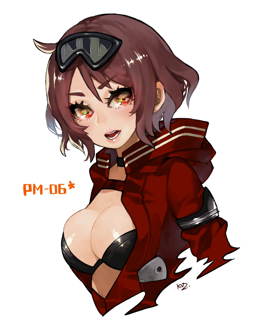 1girl absurdres ahoge artist_name black_bra black_choker bra breasts brown_hair center_opening character_name choker cleavage cropped_torso eyewear_on_head girls'_frontline highres jacket kuzuno_ha lips looking_to_the_side midriff open_clothes open_jacket open_mouth pm-06_(girls'_frontline) red_eyes red_jacket short_hair simple_background skindentation solo teeth tongue underwear upper_body white_background