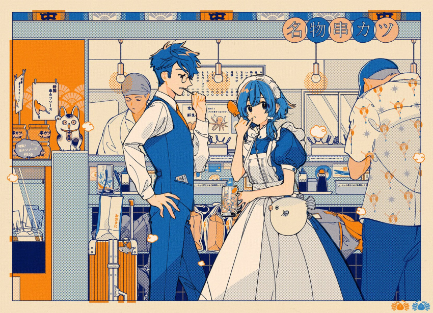 1girl 3boys apron baseball_cap black_eyes blue_dress blue_hair blue_pants blue_vest border cafe ceiling_light collared_shirt cowboy_shot display_case dress drink finger_to_mouth frilled_apron frills glasses grey_hair halftone hand_on_own_hip hat head_scarf highres holding holding_drink indoors keishin light_bulb limited_palette looking_at_another looking_at_viewer maid maid_headdress maneki-neko mouth_hold multiple_boys necktie orange_necktie original pants pinky_to_mouth print_shirt profile puffy_short_sleeves puffy_sleeves shirt short_hair short_hair_with_long_locks short_sleeves sign suitcase translation_request vest white_apron white_border white_shirt