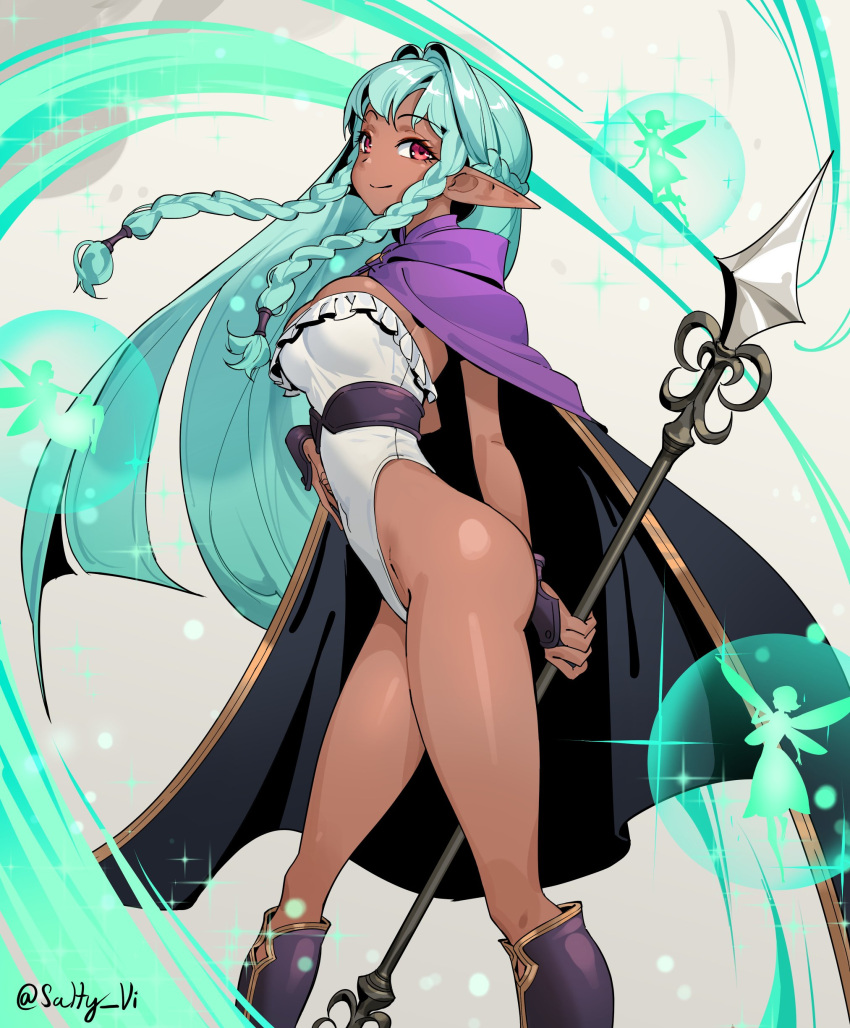 1girl absurdres aqua_hair braid braided_sidelock breasts cleavage cloak dark-skinned_female dark_elf dark_skin elf highres holding holding_polearm holding_weapon leotard long_hair looking_at_viewer medium_breasts pointy_ears polearm purple_cloak red_eyes rosalinde_(unicorn_overlord) smile solo spear unicorn_overlord very_long_hair violet_sears weapon