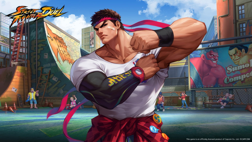 bandaid buttons clenched_hand cloud cloudy_sky edmond_honda flannel hakan headband highres holding holding_skateboard ladder muscular muscular_male official_alternate_costume official_art ollie_(skateboarding) ryu_(street_fighter) serious skateboard sky standing street_fighter traffic_cone watch wristwatch