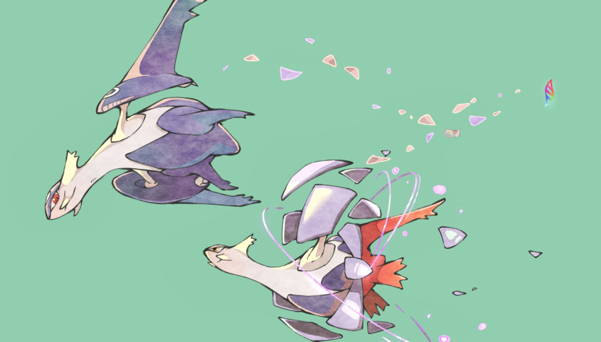 colored_skin dragon flying green_background henshin highres latias latios mega_evolution mega_evolution_symbol mega_latias mega_latios pokemon pokemon_(creature) purple_skin red_eyes sake_maguro wings yellow_eyes