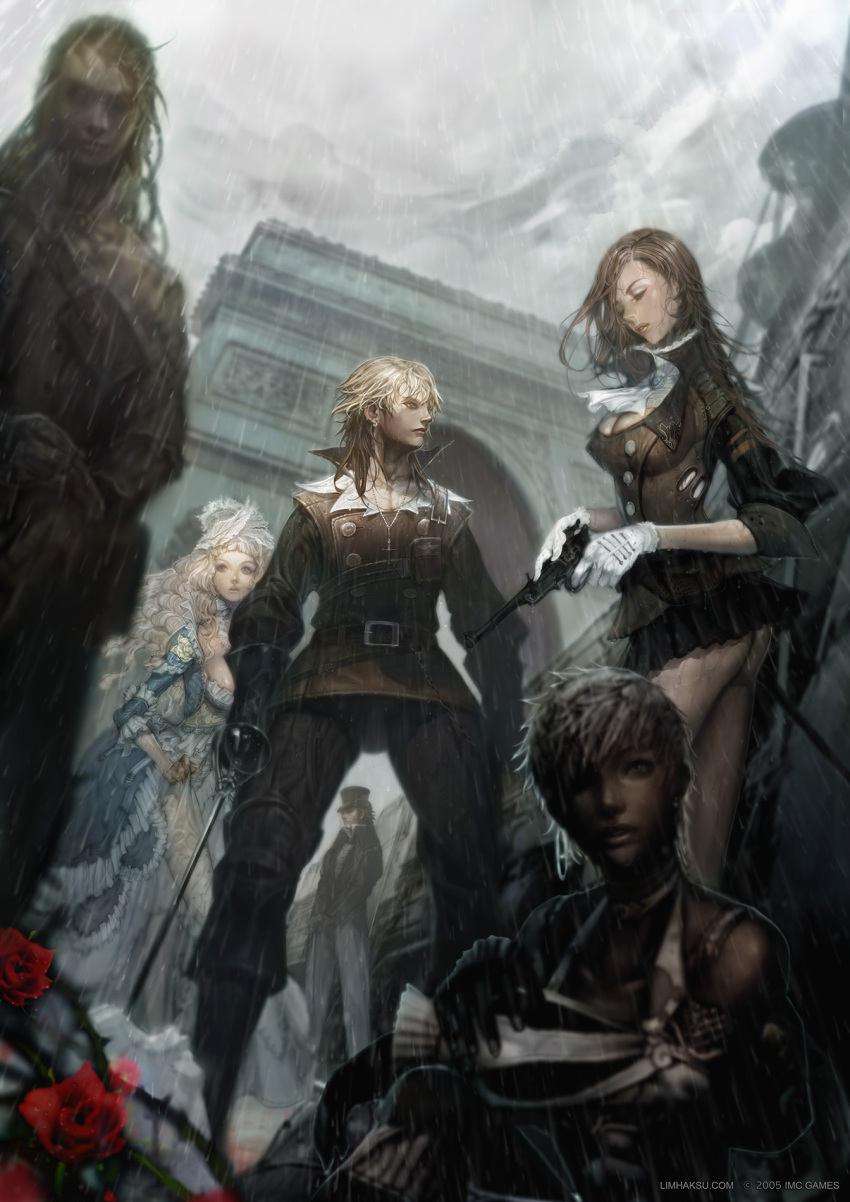 3boys 3girls arch artist_name ascot bare_legs belt belt_buckle blonde_hair blue_dress boots breasts buckle buttons cane cleavage clothing_request copyright_name cross cross_necklace curly_hair dark_skin double-breasted dress fighter_(granado_espada) frilled_dress frills from_below gem gloves granado_espada gun handgun hat high_collar highres jacket jewelry large_breasts leather leather_jacket leather_pants limha_lekan long_hair looking_down looking_to_the_side medium_hair miniskirt multiple_boys multiple_girls necklace on_ground pants rain rapier scout_(granado_espada) short_hair skirt suit sword top_hat warlock_(granado_espada) weapon wet white_ascot white_gloves white_hair white_pants wizard_(granado_espada)