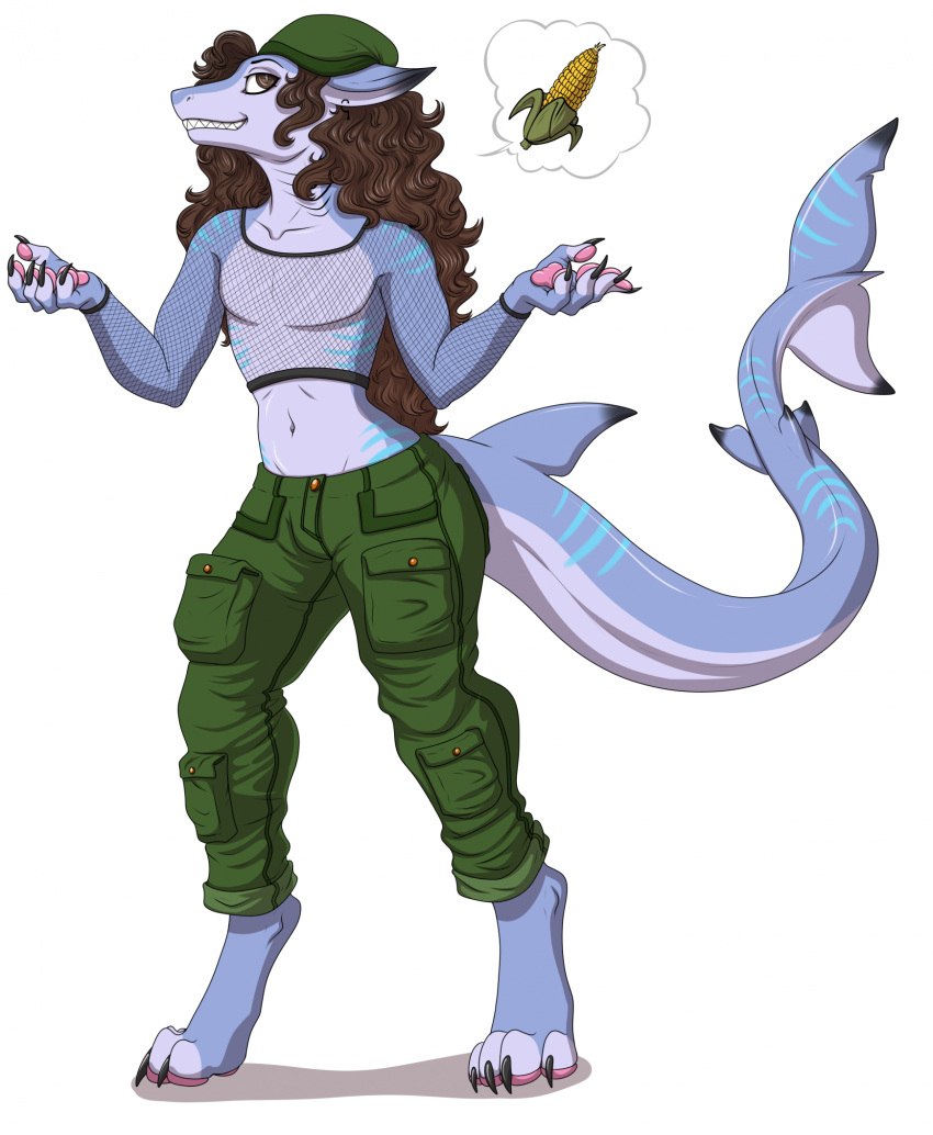 anthro blue_body bottomwear brown_eyes brown_hair cargo_pants clothing corn curled_hair feralcatalyst fish fishnet_clothing fishnet_topwear food hair hi_res hybrid long_hair male marine pants pawpads paws plant shark sharp_teeth solo teeth topwear