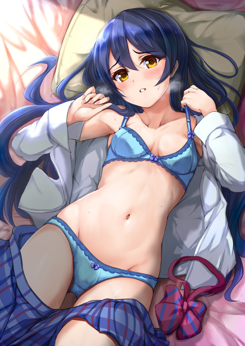 1girl arms_up bangs bed blue_bra blue_hair blue_panties blush bow bow_removed bowtie bra breasts breath ca_ba_ya_ki clothes_pull collarbone fingernails groin hair_between_eyes highres long_hair looking_at_viewer love_live! love_live!_school_idol_project medium_breasts navel on_bed open_clothes open_mouth open_shirt panties pillow school_uniform skirt skirt_pull solo sonoda_umi sweat teeth underwear upper_body yellow_eyes