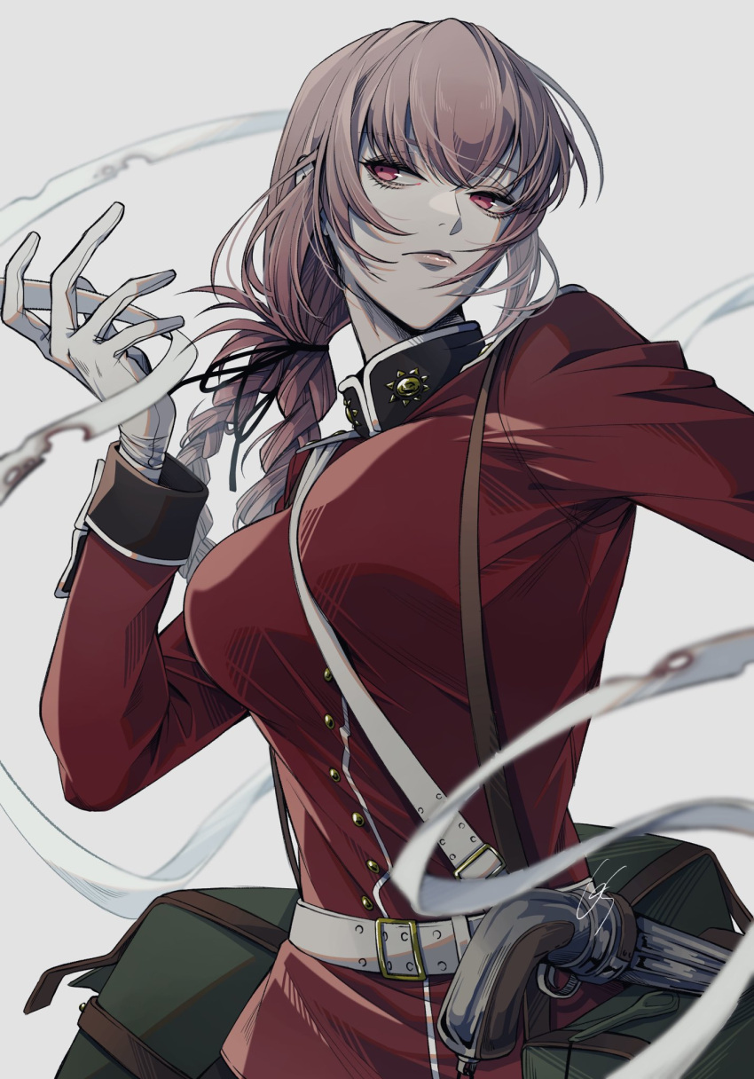 1girl bandages belt braid expressionless fate/grand_order fate_(series) florence_nightingale_(fate) gloves grey_background gs999000 highres jacket long_hair looking_to_the_side pink_hair red_eyes red_jacket removing_bandages simple_background solo uniform upper_body white_gloves