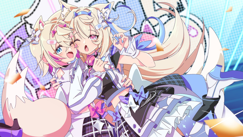 2girls absurdres alternate_costume animal_ear_fluff animal_ears asymmetrical_clothes black_skirt blonde_hair blue_eyes blue_hair blue_nails blush breasts cleavage commission cropped_jacket dog_ears fang fuwawa_abyssgard highres hinata_hirune holding holding_microphone hololive hololive_english hololive_idol_uniform_(bright) large_breasts long_hair looking_at_viewer medium_breasts microphone midriff mococo_abyssgard multicolored_hair multiple_girls one_eye_closed pink_eyes pink_hair pink_nails ribbon second-party_source short_hair siblings sisters skeb_commission skin_fang skirt stage streaked_hair twins two-tone_hair upper_body virtual_youtuber
