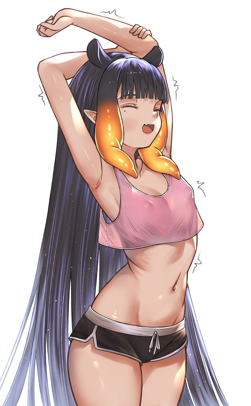 1girl absurdres alternate_costume armpits arms_up blunt_bangs closed_eyes covered_nipples fang gradient_hair highres hololive hololive_english honkivampy long_hair mole mole_under_eye multicolored_hair navel ninomae_ina'nis open_mouth orange_hair pointy_ears purple_hair short_shorts shorts sidelocks simple_background smile solo stretching tentacle_hair very_long_hair virtual_youtuber white_background