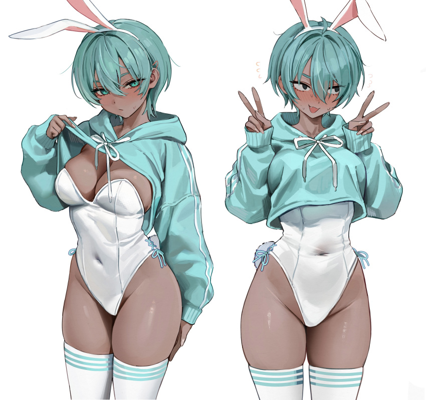 1girl absurdres animal_ears aqua_eyes aqua_hoodie blush breasts cleavage clothes_lift commentary covered_navel crop_top crop_top_overhang cropped_hoodie dark-skinned_female dark_skin fake_animal_ears gompang_11 grey_hair hair_between_eyes highleg highleg_leotard highres hood hood_down hoodie hoodie_lift large_breasts leotard lifted_by_self long_sleeves looking_at_viewer looking_to_the_side multiple_views nervous_smile nose_blush open_mouth original playboy_bunny puffy_long_sleeves puffy_sleeves rabbit_ears short_hair simple_background smile symbol-only_commentary thighhighs very_short_hair white_background white_leotard white_thighhighs