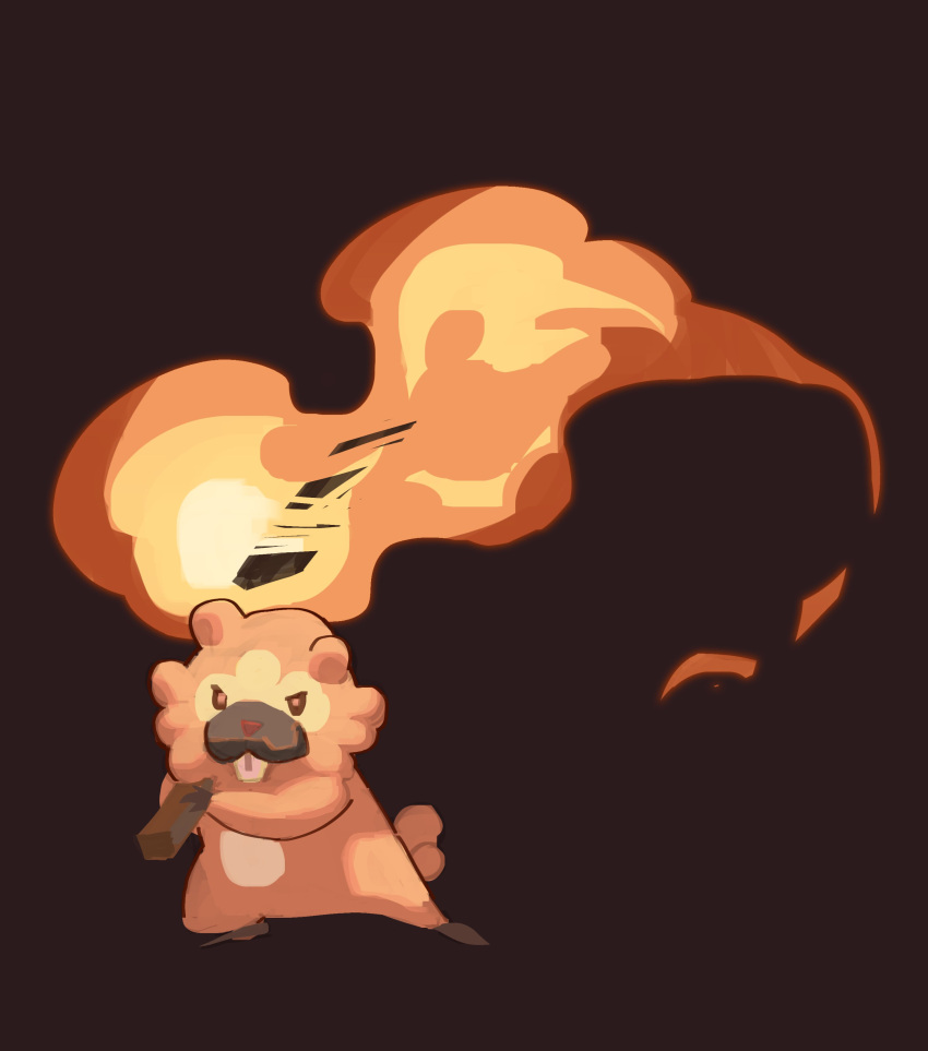 765_nanami absurdres bidoof brown_background brown_fur fang fire highres holding holding_torch looking_at_viewer pokemon pokemon_(creature) simple_background solo standing torch