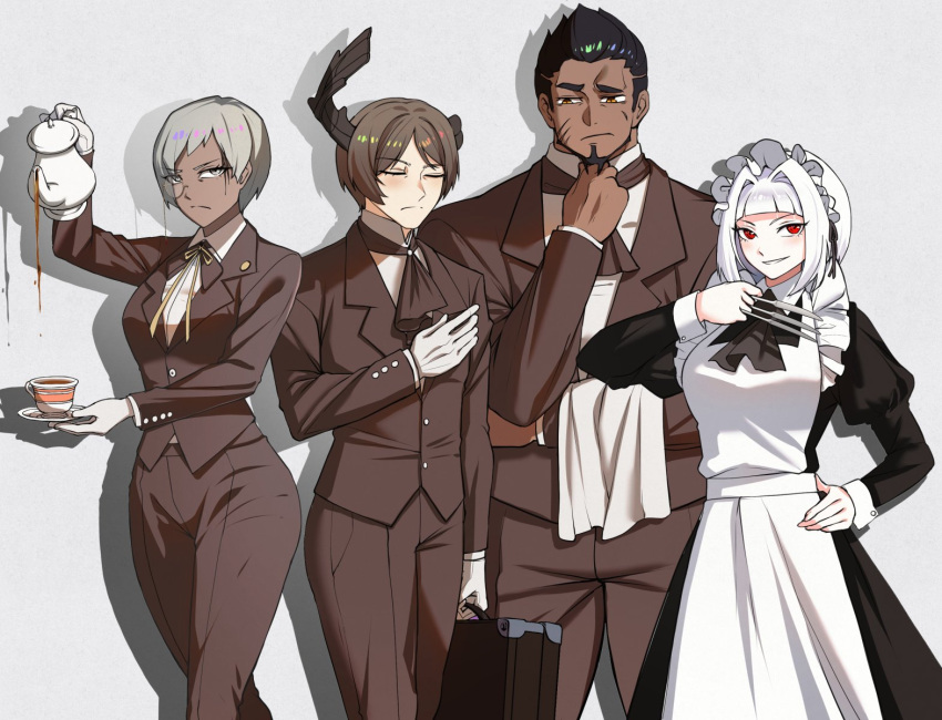 2boys 2girls adjusting_ascot alternate_costume androgynous apron ascot asdf_(rokiru08) asymmetrical_horns beard between_fingers black_ascot black_dress black_hair briefcase broken_horn brown_ascot brown_eyes brown_hair brown_jacket brown_pants butler closed_eyes closed_mouth collared_dress commentary_request cuff_links cup dark-skinned_female dark-skinned_male dark_skin decantering dress drop_shadow enmaided expressionless facial_hair female_butler frown gloves grey_background grey_eyes grey_hair grin hair_intakes hand_on_own_hip highres holding holding_briefcase holding_knife holding_saucer holding_teapot horns jacket juliet_sleeves knife knives_between_fingers korean_commentary library_of_ruina limbus_company long_sleeves looking_at_viewer maid maid_headdress maxim_(project_moon) monocle multiple_boys multiple_girls myo_(project_moon) neck_ribbon nikolai_(project_moon) pants pouring project_moon puffy_sleeves red_eyes ribbon rudolph_(project_moon) saucer scar scar_on_cheek scar_on_face shirt short_hair simple_background smile smirk standing tea teacup teapot thick_eyebrows white_apron white_gloves white_hair white_shirt wing_collar yellow_ribbon