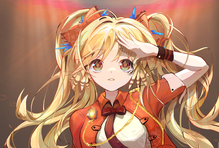 1girl absurdres arknights arm_up blonde_hair bow bowtie commentary_request hair_bow highres jacket kelinke_click long_hair official_alternate_costume orange_bow orange_jacket pinecone_(arknights) pinecone_(sing_a_song)_(arknights) shirt solo twintails upper_body very_long_hair white_shirt wrist_cuffs