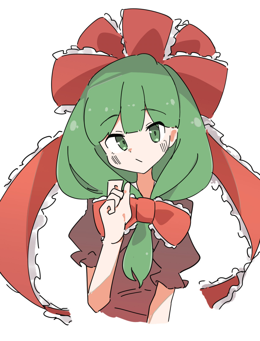 1girl bow frilled_bow frilled_ribbon frills front_ponytail green_eyes green_hair hair_bow hair_ribbon highres kagiyama_hina kyoroniki looking_at_viewer puffy_short_sleeves puffy_sleeves red_bow red_ribbon ribbon short_sleeves simple_background solo touhou upper_body white_background