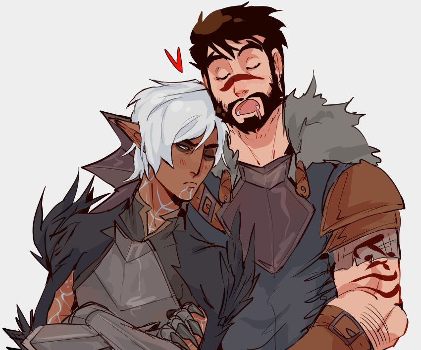 2boys absurdres arm_hair armor beard black_hair blush closed_eyes couple crossed_arms dark-skinned_male dark_skin dragon_age dragon_age_2 drooling elf facial_hair facial_mark fenris_(dragon_age_2) full_beard fur-trimmed_armor fur_trim garrett_hawke green_eyes grey_background head_on_another's_shoulder highres leaning_on_person lunehowls male_focus mature_male mouth_drool multiple_boys neck_tattoo pointy_ears short_hair shoulder_tattoo simple_background sleeping tattoo upper_body white_hair yaoi