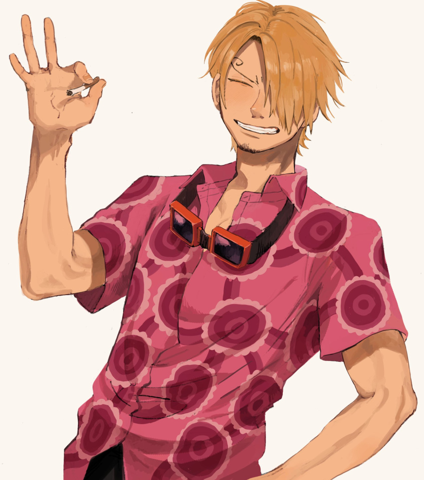 1boy ^_^ arm_up blonde_hair cigarette closed_eyes commentary cowboy_shot curly_eyebrows facial_hair goatee goggles goggles_around_neck highres holding holding_cigarette konekomarururu male_focus one_piece pink_shirt sanji_(one_piece) shirt short_hair simple_background solo symbol-only_commentary