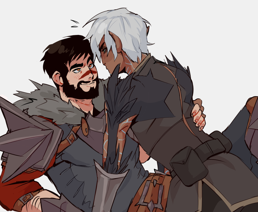 2boys absurdres arm_hair armor beard black_hair blush boy_on_top couple cowboy_shot dark-skinned_male dark_skin dragon_age dragon_age_2 elf eye_contact facial_hair facial_mark fenris_(dragon_age_2) flying_sweatdrops full_beard fur-trimmed_armor fur_trim garrett_hawke green_eyes grey_background hand_on_another's_hip highres looking_at_another lunehowls male_focus mature_male multiple_boys neck_tattoo pointy_ears short_hair shoulder_tattoo simple_background smile tattoo white_hair yaoi