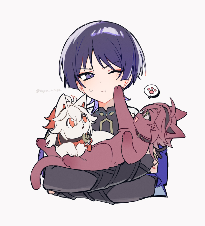 1boy :t animal animalization armor blush cat genshin_impact green_eyes highres holding holding_animal holding_cat japanese_armor kaedehara_kazuha kote kurokote male_focus mochimiya_(coyo) one_eye_closed paw_print purple_eyes purple_hair red_eyes scaramouche_(genshin_impact) shikanoin_heizou simple_background twitter_username wanderer_(genshin_impact)