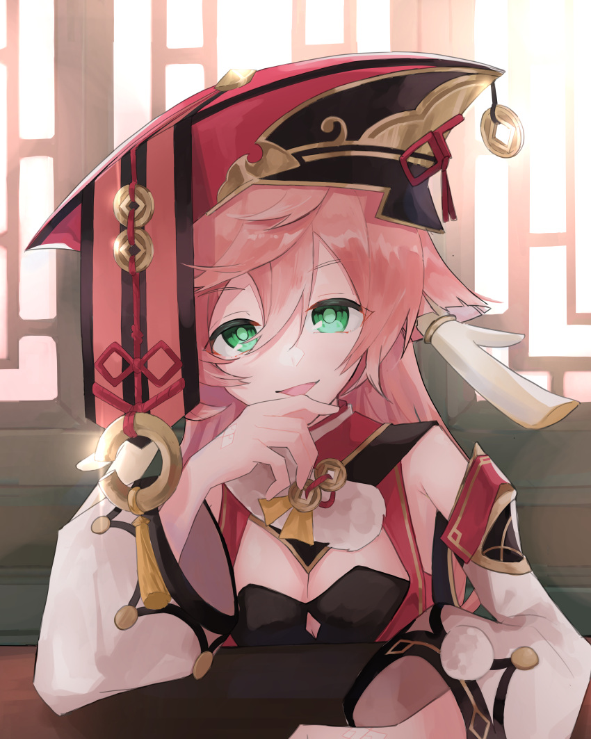 1girl absurdres antlers aqua_eyes black_bra bra deer_antlers detached_sleeves elbows_on_table finger_to_own_chin genshin_impact gold_trim hair_between_eyes hat head_tilt highres horns indoors lattice light_rays long_hair looking_at_viewer open_mouth pink_hair pom_pom_(clothes) qingdai_guanmao red_hat scales shachi-kun_jup sidelocks sitting smile sunbeam sunlight tassel underwear upper_body white_sleeves wide_sleeves window yanfei_(genshin_impact)