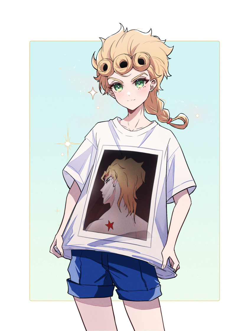 1boy birthmark blue_shorts braid braided_ponytail chuchumimipupu commentary_request contrapposto cowboy_shot dio_brando giorno_giovanna highres joestar_birthmark jojo_no_kimyou_na_bouken male_focus photo_(object) shirt shorts single_braid smile solo sparkle t-shirt v-shaped_eyebrows vento_aureo white_shirt