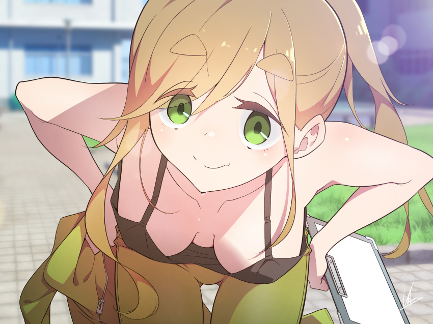 1girl bent_over black_camisole blurry blurry_background breasts brown_hair building camisole clipboard closed_mouth commentary_request day fang fang_out green_eyes green_pants hair_between_eyes highres holding holding_clipboard inuyama_aoi large_breasts lens_flare long_hair looking_at_viewer outdoors pants short_eyebrows side_ponytail signature skin_fang smile solo split_mouth swept_bangs thick_eyebrows yasu_(pixiv) yurucamp