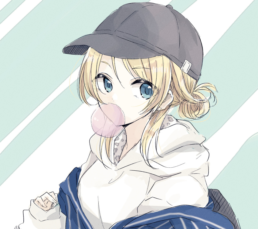 1girl animal_print baran._(ba_ra_ran) baseball_cap black_hat blonde_hair blowing_bubbles blue_jacket breasts chewing_gum commentary_request green_background hachimiya_meguru hair_bun hand_up hat highres hood hood_down hoodie idolmaster idolmaster_shiny_colors jacket jacket_partially_removed leopard_print looking_at_viewer medium_breasts short_hair sidelocks single_hair_bun solo striped_background two-sided_hoodie two-tone_background white_background white_hoodie