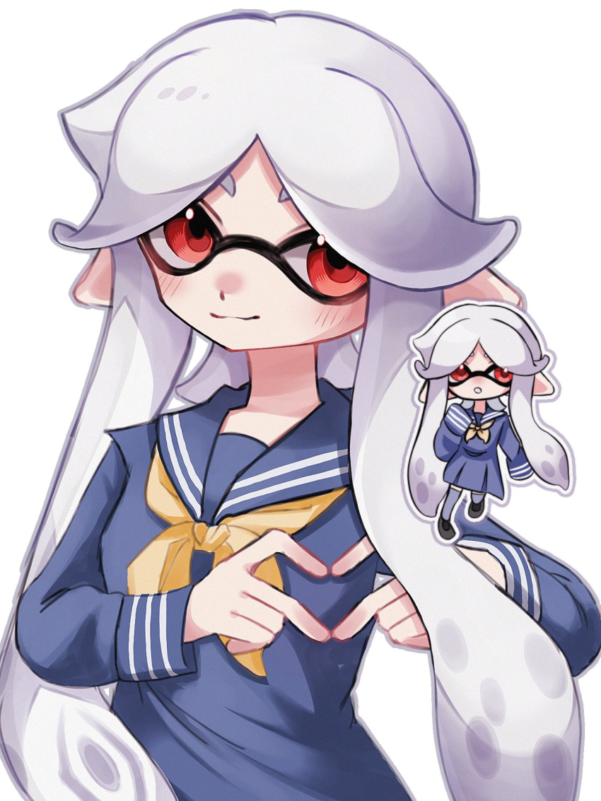 1girl blue_shirt chibi chibi_inset closed_mouth commentary heart heart_hands highres icebo_x_x inkling inkling_girl inkling_player_character long_hair multiple_views parted_bangs pointy_ears red_eyes sailor_collar sailor_shirt shirt simple_background smile splatoon_(series) splatoon_3 tentacle_hair very_long_hair white_background white_hair
