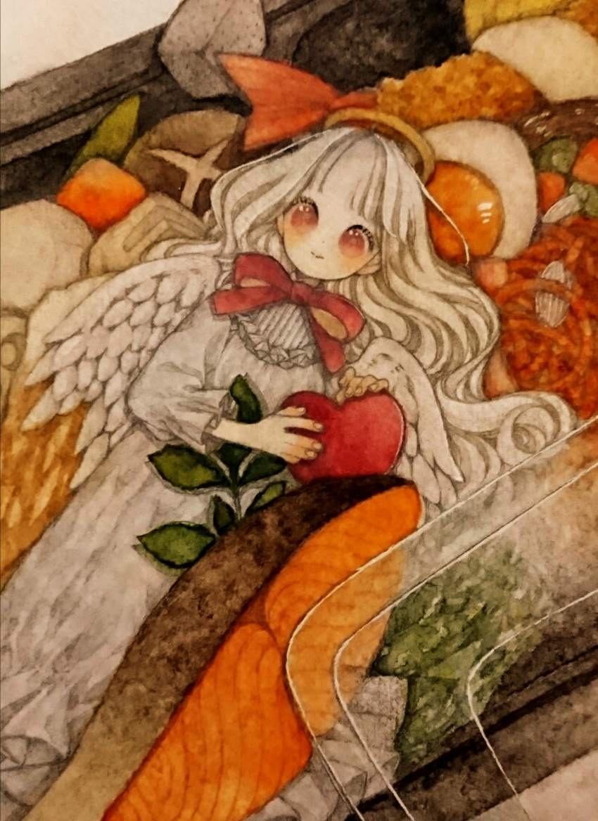 1girl angel_wings dress egg_(food) feathered_wings food food_focus halo heart highres leaf long_sleeves looking_at_viewer mini_person minigirl mushroom neck_ribbon no_mouth no_nose orange_eyes original red_ribbon ribbon shiitake shrimp shrimp_tempura solo tempura traditional_media user_xarn5853 white_dress white_wings wings