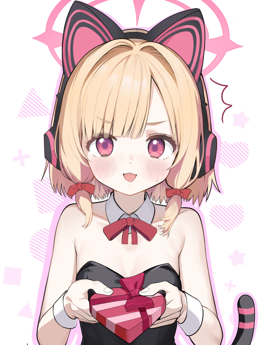 1girl ^^^ animal_ear_headphones animal_ears black_leotard blonde_hair blue_archive blush bow bowtie breasts cat_ear_headphones chestnut_mouth detached_collar fake_animal_ears giving hair_bow halo headphones highres leotard looking_at_viewer low-tied_sidelocks momoi_(blue_archive) open_mouth p-gnesium pink_halo playboy_bunny red_bow red_bowtie second-party_source short_hair small_breasts smile solo wrist_cuffs